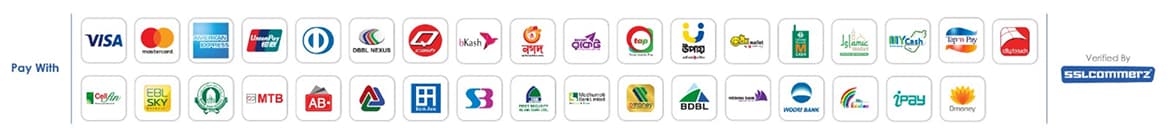 Pay with Visa, Mastercard, American Express, bKash, Nagad, Rocket, Upay and other cards, wallets and banks — verified by SSLCommerz